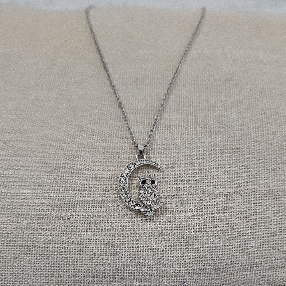 Silver Owl and Moon Pendant Necklace